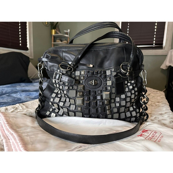 COACH Limited Edition Flagship Ella Satchel Tote – Black Metallic Leather - Picture 1 of 11